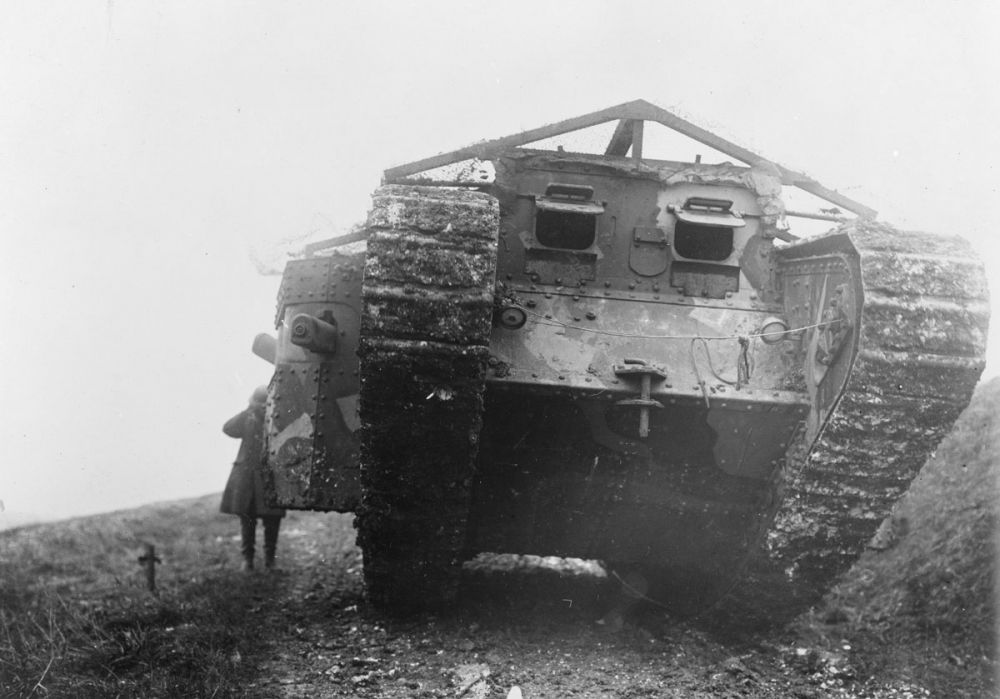 A tank coming out of action at the Battle of Flers-Courcelette, 15 September 1916.
